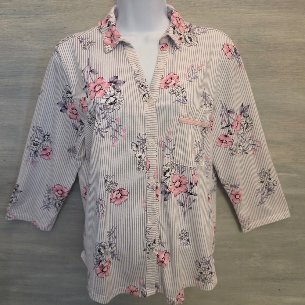Vintage Laura Ashley 60% Cotton Floral Striped Pajama Sleepwear Set Medium GC - Picture 3 of 14